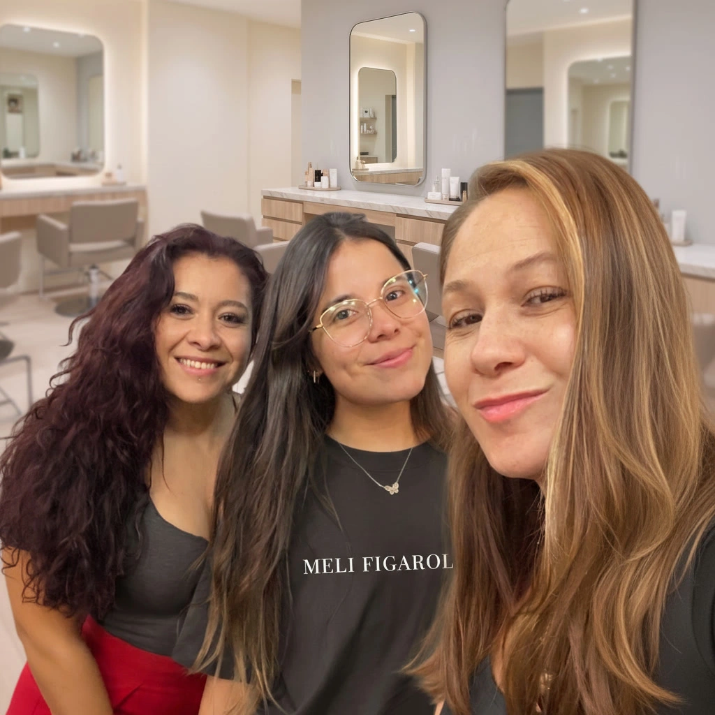 Selfie de tres mujeres sonrientes en un salón de belleza moderno y bien iluminado. La mujer de la izquierda tiene cabello rizado color borgoña. La mujer del medio, con gafas, lleva una camiseta negra con el texto 'MELI FIGAROL' y un collar de mariposa. La mujer de la derecha tiene cabello castaño claro con reflejos rubios. El fondo muestra espejos, estaciones de peinado y estantes con productos cosméticos.